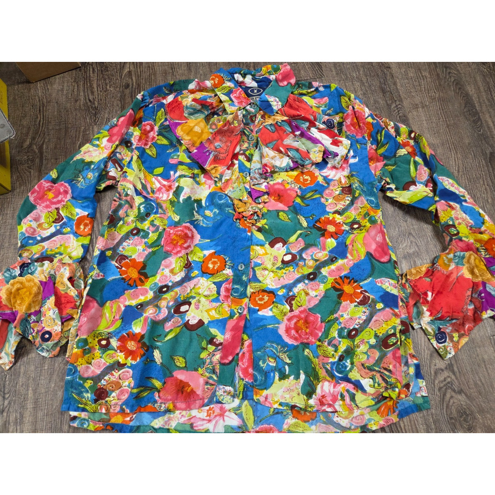 I AM Vintage Ruffle Neck Belle Sleeve Button Front Boho Multicolor Blouse S